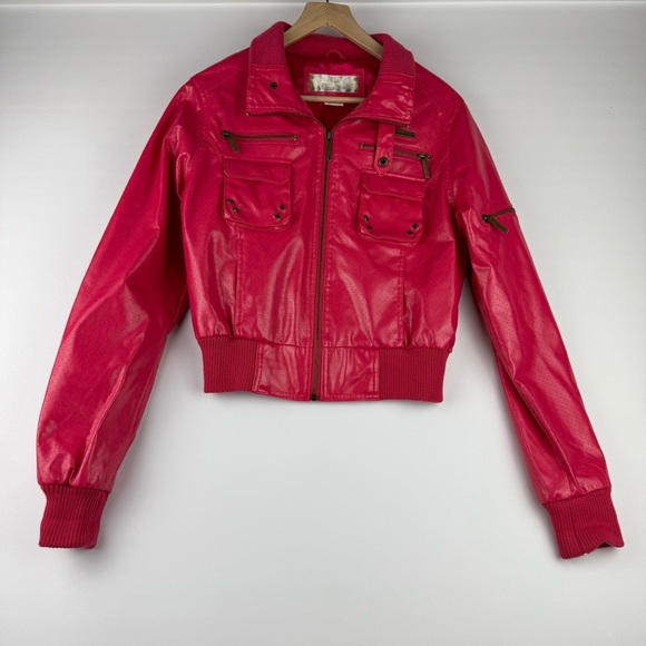 Paper Denim & Cloth Women’s Large Pink Faux Leather Bomber Jacket - Picture 2 of 10